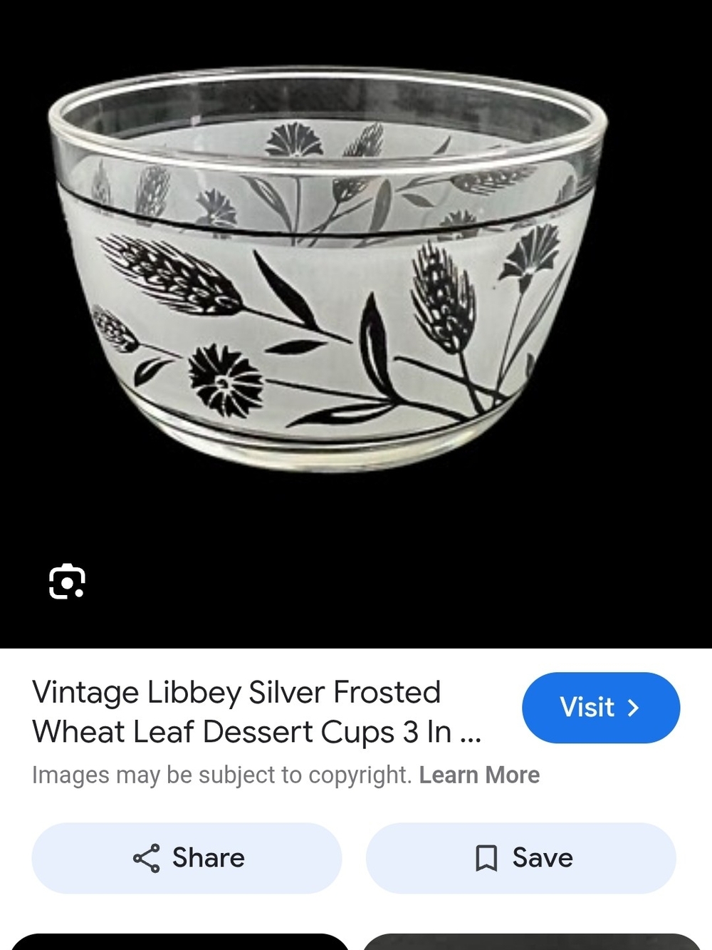 Set Of 4Libbey Frosted Glass Dessert Bowl with Silver Wheat & Floral Motif